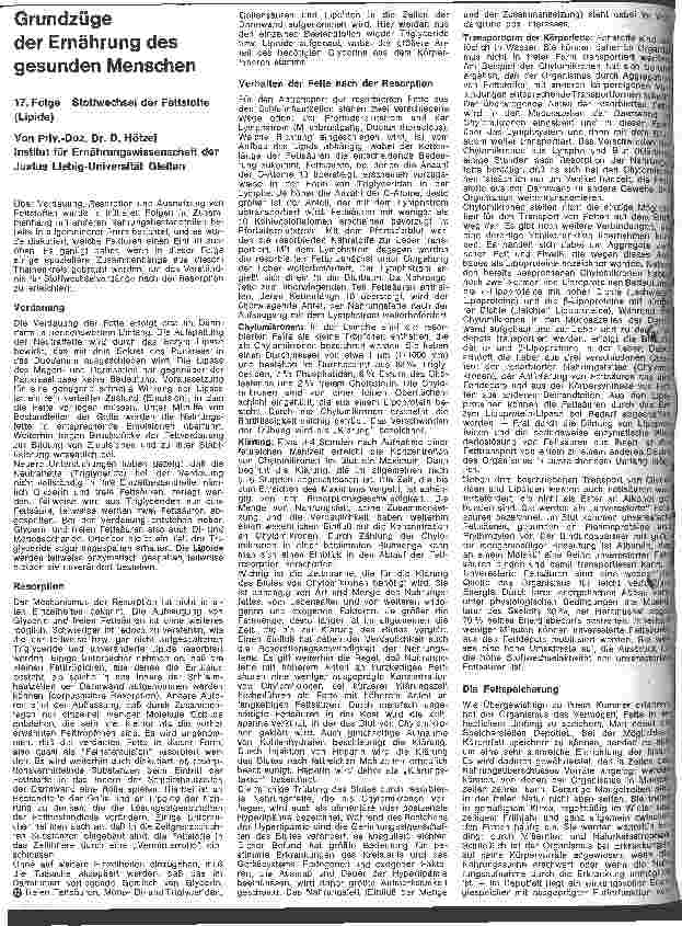 Vorschauseite 1: Grundzüge der Ernährung des gesunden Menschen 17. Folge: Stoffwechsel der Fettstoffe (Lipide)