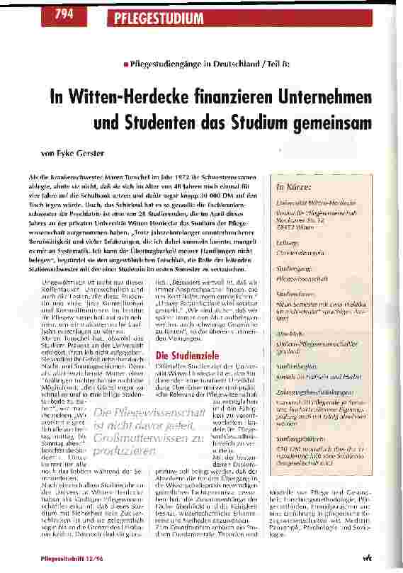 Vorschauseite 1: In Witten-Herdecke finanzieren Unternehmen und Studenten das Studium gemeinsam - Pflegestudiengänge in Deutschalnd / Teil 8