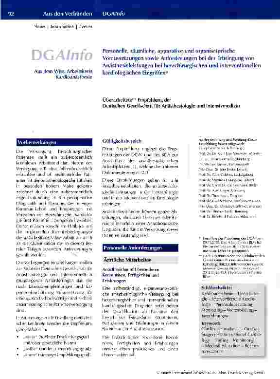 Vorschauseite 1: Personelle, räumliche, apparative und organisatorische Voraussetzungen sowie Anforderungen bei der Erbringung von Anästhesieleistungen bei herzchirurgischen und interventioneilen…