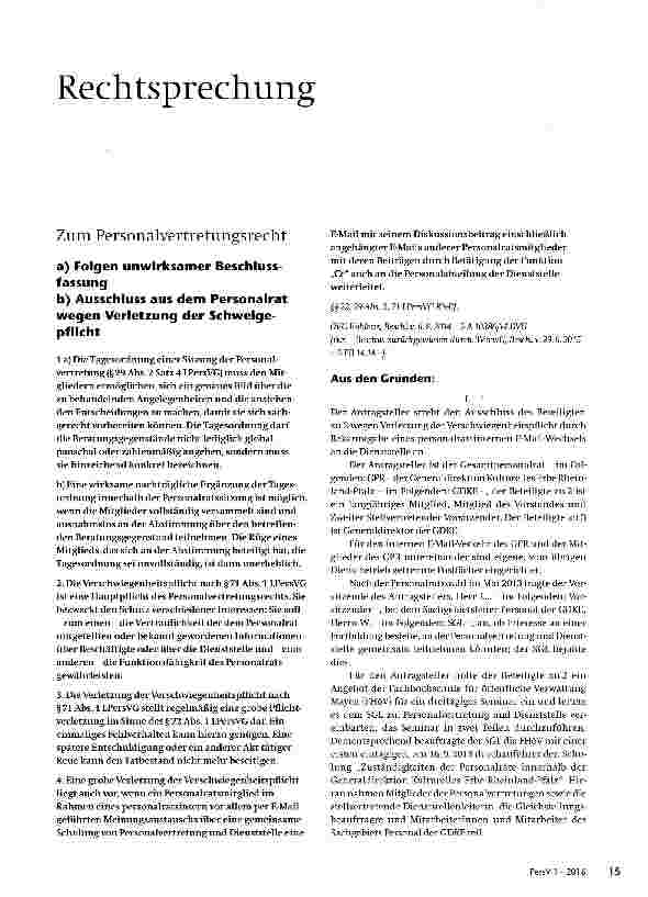 Vorschauseite 1: Folgen unwirksamer Beschlussfassung, Ausschluss aus dem Personalrat wegen Verletzung der Schweigepflicht