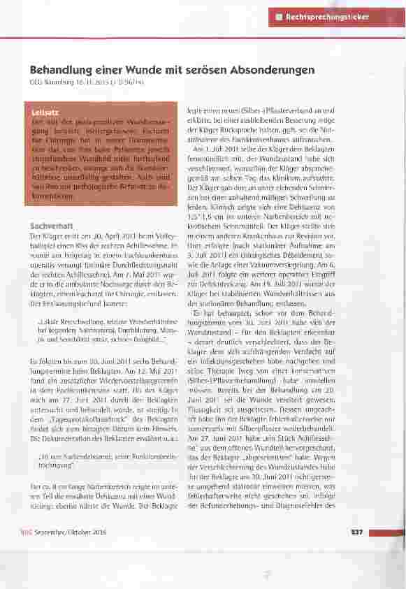 Vorschauseite 1: Behandlung einer Wunde mit serösen Absonderungen OLG Naumburg 16.11.2015(1 U 96/14)