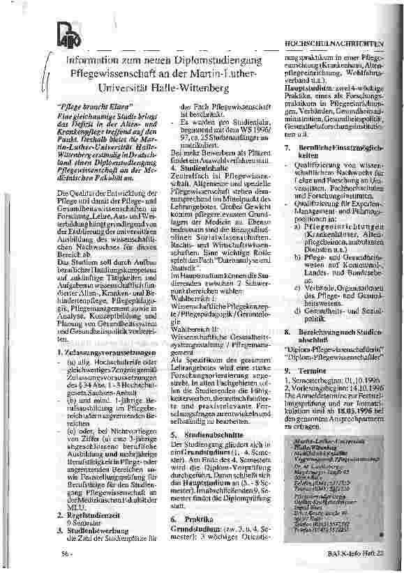 Vorschauseite 1: Information zum neuen Diplomstudiengang Pflegewissenschaft an der Martin-Luther-Universität Halle-Wittenberg
