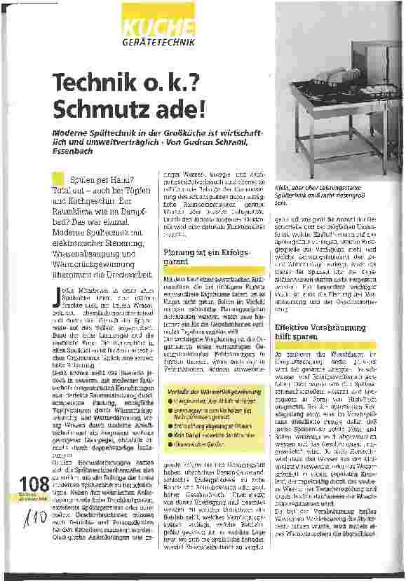 Vorschauseite 1: Technik o. k. ? Schmutz ade! Moderne Spültechnik in der Großküche ist wirtschaftlich und umwelterträglich