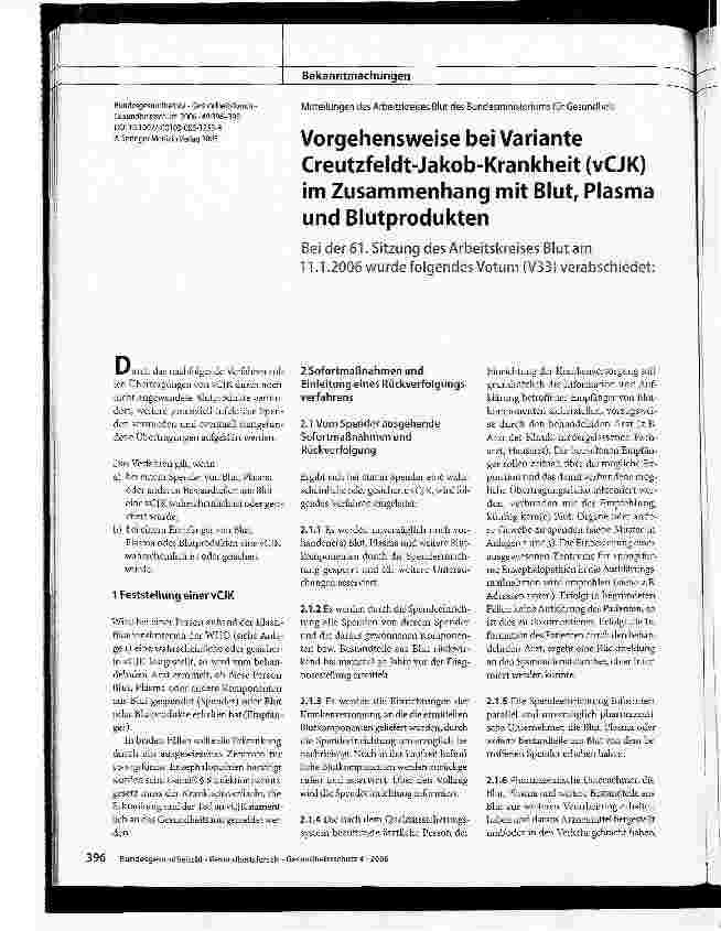 Vorschauseite 1: Vorgehensweise bei Variante Creutzfeldt-Jakob-Krankheit (vCJK) im Zusammenhang mit Blut, Plasma und Blutprodukten