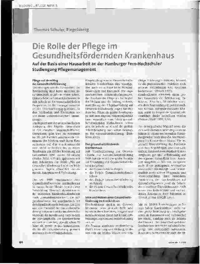 Vorschauseite 1: Die Rolle der Pflege im Gesundheitsfördernden KrankenhausAuf der Basis einer Hausarbeit an der Hamburger Fern-Hochschule/ Studiengang Pflegemanagement