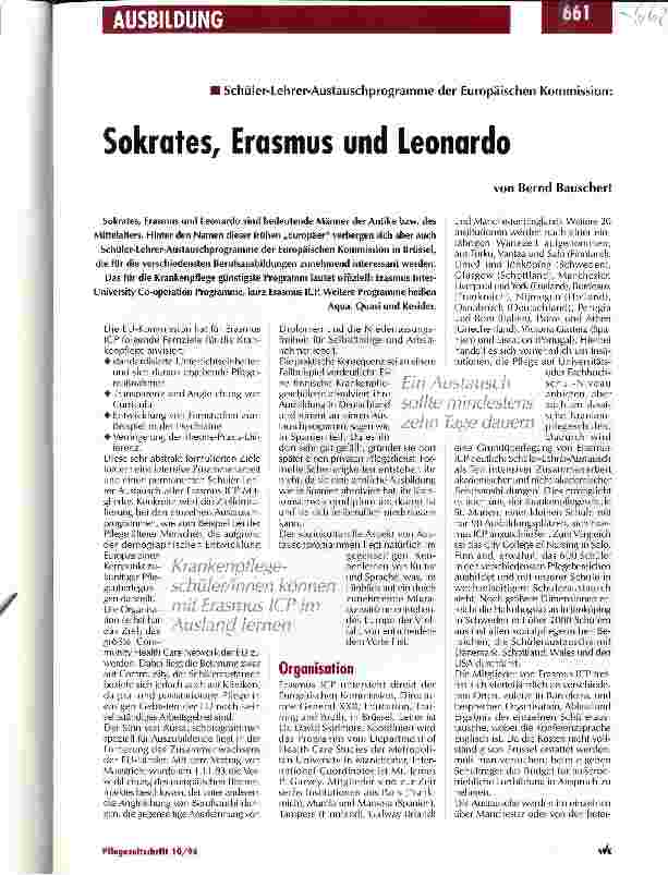 Vorschauseite 1: Sokrates, Erasmus und Leonardo Schüler-Lehrer-Austauschprogramme der Europäischen Kommission