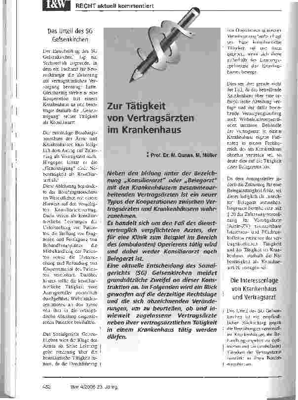 Vorschauseite 1: Zur Tätigkeit von Vertragsärzten im Krankenhaus