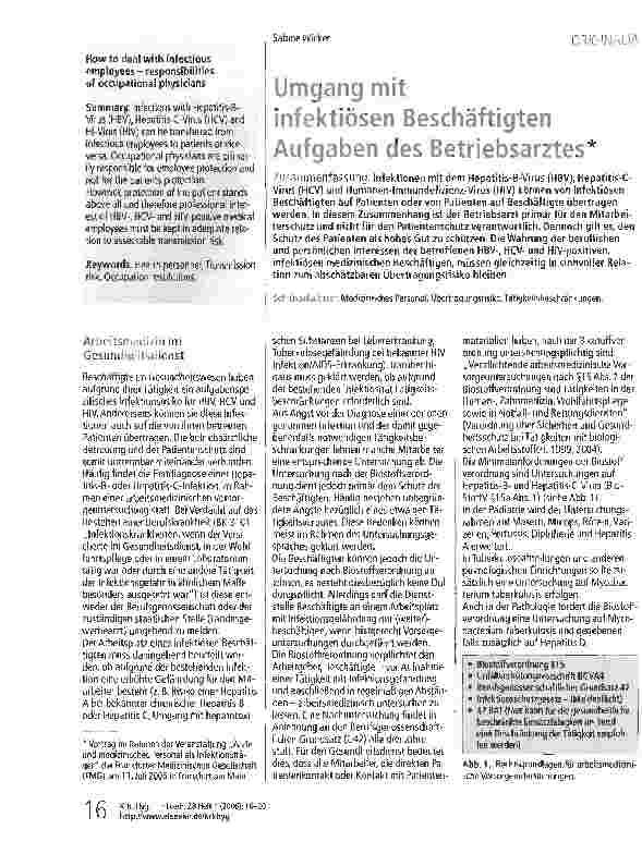 Vorschauseite 1: Umgang mit infektiösen Beschäftigten Aufgaben des Betriebsarztes