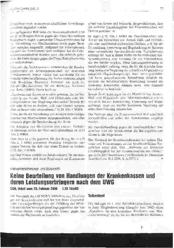 Vorschauseite 1: Keine Beurteilung von Handlungen der Krankenkassen und deren Leistungserbringern nach dem UWG