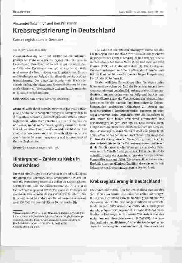 Vorschauseite 1: Krebsregistrierung in Deutschland