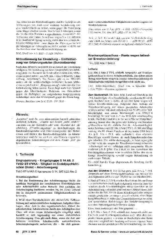 Vorschauseite 1: Eingruppierung - Entgeltgruppe S 14 Alt. 2 TVöD-BT-V/VKA-Tätigkeit im Sozialpsychiatrischen Dienst - Arbeitsvorgang TVöD-BT-VA/KA Entgeltgruppe S 14; BAT §22 Abs. 2