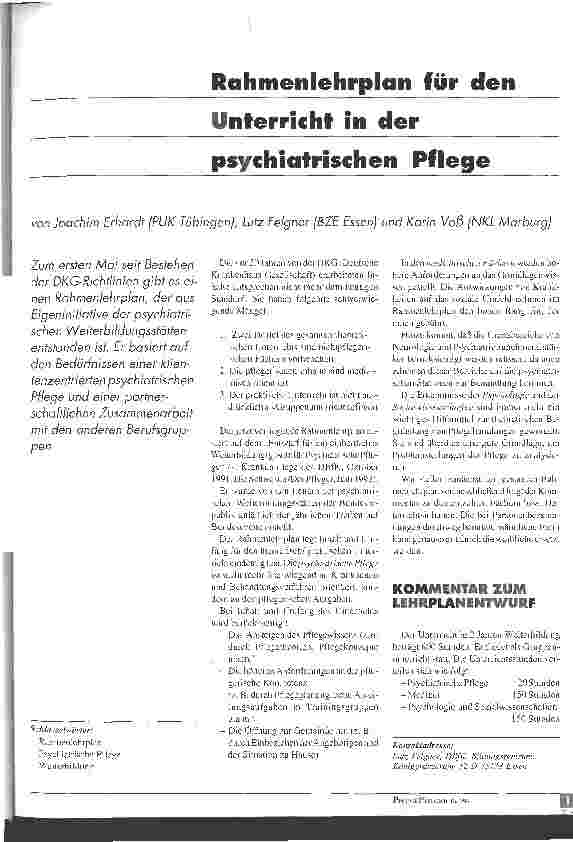 Vorschauseite 1: Rahmenlehrplan für den Unterricht in der psychiatrischen Pflege