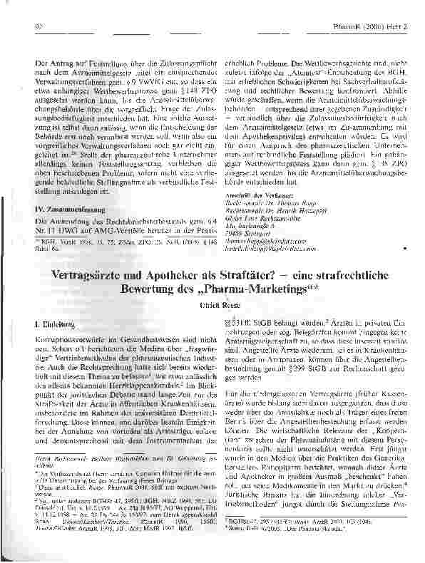 Vorschauseite 1: Vertragsärzte und Apotheker als Straftäter? - eine strafrechtliche Bewertung des Pharma-Marketings