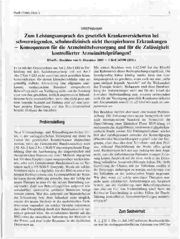 Vorschauseite 1: Zum Leistungsanspruch des gesetzlich Krankenversicherten bei schwerwiegenden, schulmedizinisch nicht therapierbaren Erkrankungen - Konsequenzen für die Arzneimittelversorgung und…