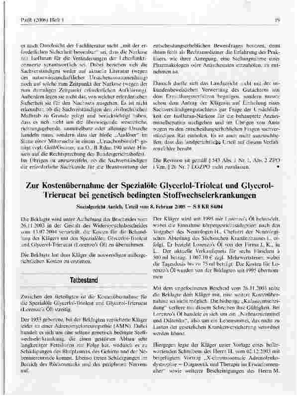 Vorschauseite 1: Zur Kostenübemahme der Spezialöle Glycerlol-Trioleat und Glycerol-Trierucat bei genetisch bedingten Stoffwechselerkrankungen