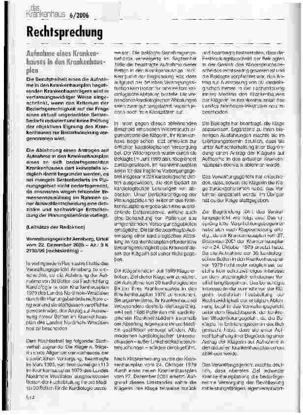 Vorschauseite 1: Rechtsprechung - Aufnahme eines Krankenhauses in den Krankenhausplan