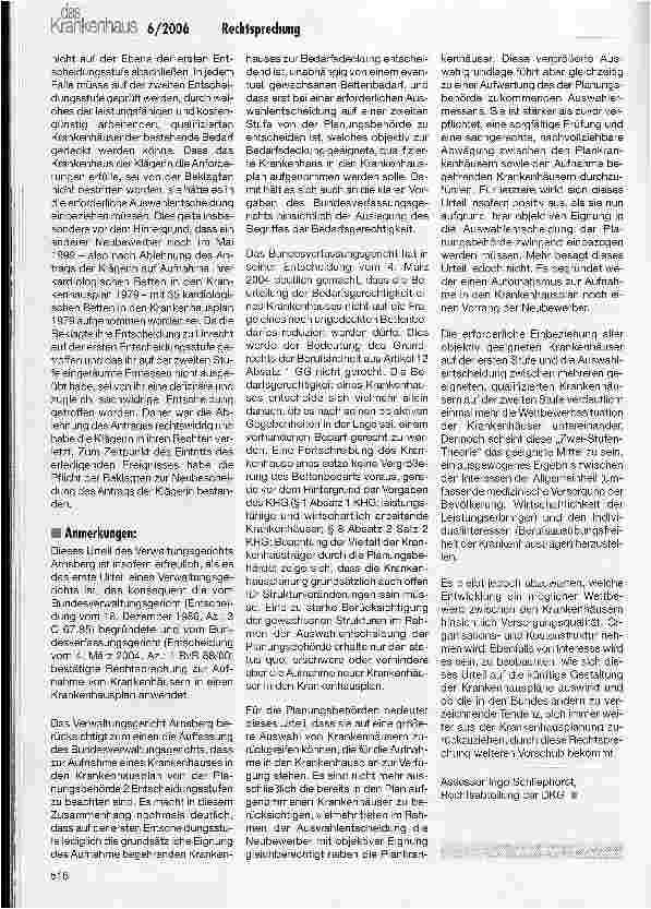 Vorschauseite 3: Rechtsprechung - Aufnahme eines Krankenhauses in den Krankenhausplan