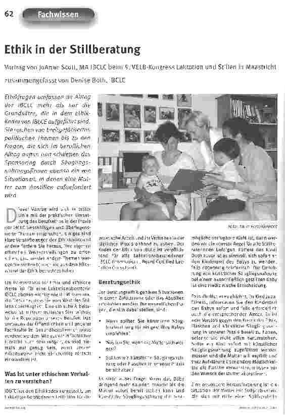 Vorschauseite 1: Ethik in der StillberatungVortrag von JoAnne Scott, MA IBCLC beim 5. VELB-Kongress Laktation und Stillen in Maastricht