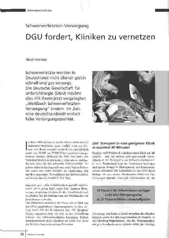 Vorschauseite 1: Schwerverletzten-Versorgung - DGU fordert, Kliniken zu vernetzen