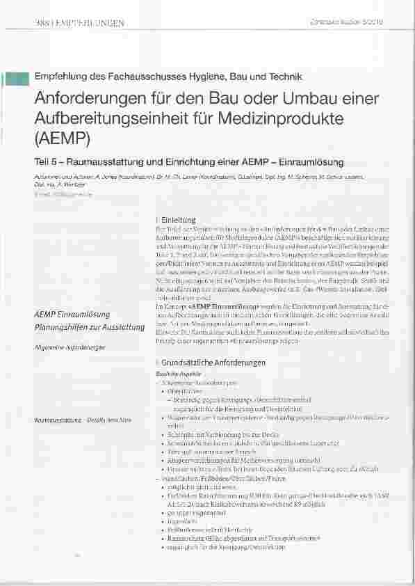Vorschauseite 1: Empfehlung des Fachausschusses Hygiene, Bau und Technik Anforderungen für den Bau oder Umbau einer Aufbereitungseinheit für Medizinprodukte (AEMP) Teil 5 Raumausstattung und Einri…