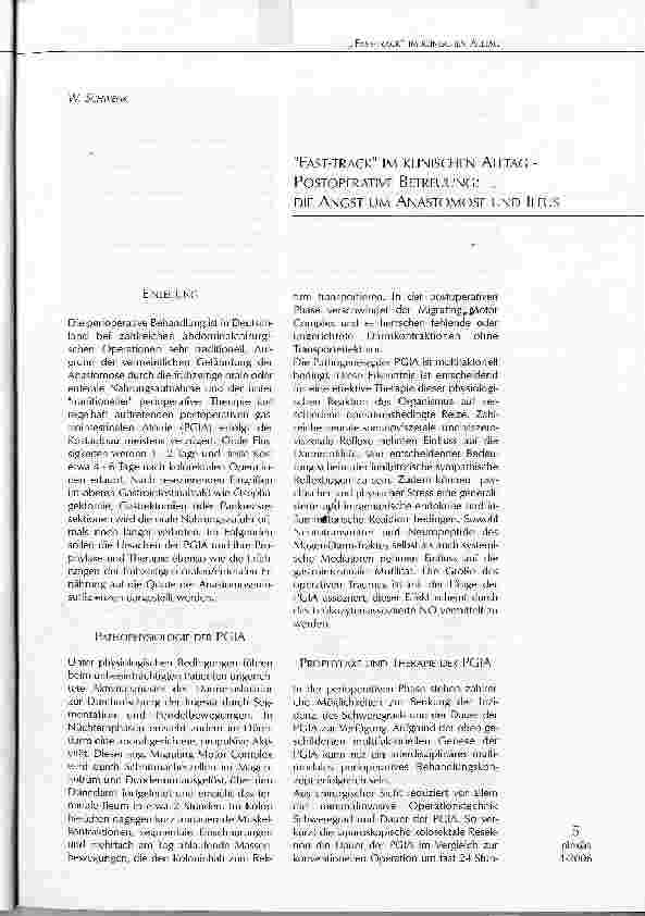 Vorschauseite 1: FAST-TRACK IM KLINISCHEN ALLTAG -POSTOPERATIVE BETREUUNG: DIE ANGST UM ANASTOMOSE UND ILEUS