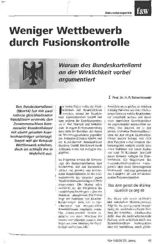 Vorschauseite 1: Weniger Wettbewerb durch FusionskontrolleWarum das Bundeskartellamt an der Wirklichkeit vorbei argumentiert