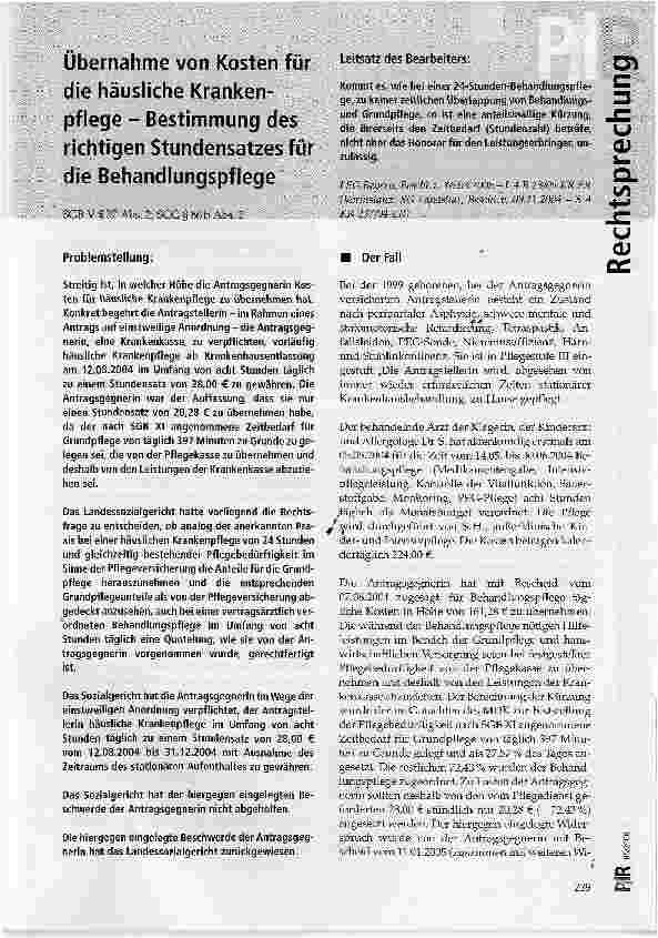 Vorschauseite 1: Übernahme von Kosten für die häusliche Krankenpflege - Bestimmung des richtigen Stundensatzes für die Behandlungspflege
