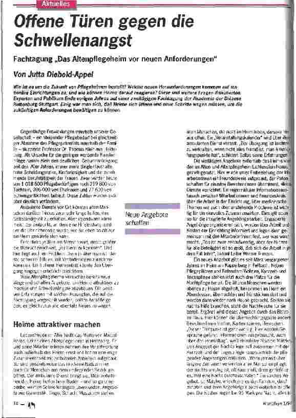 Vorschauseite 1: Offene Türen gegen die Schwellenangst Fachtagung Das Altenpflegeheim vor neuen Anforderungen