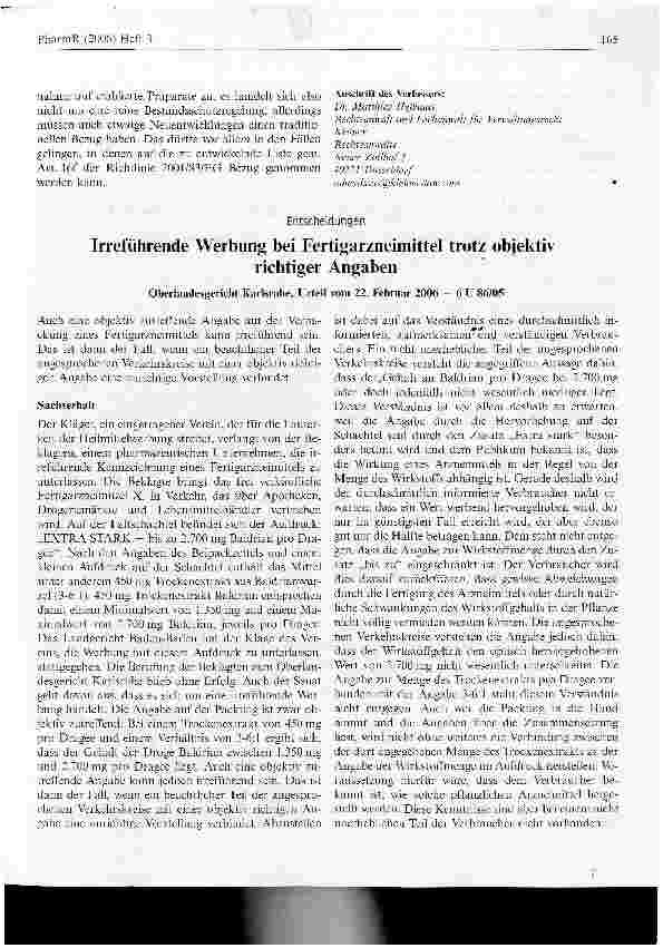 Vorschauseite 1: Irreführende Werbung bei Fertigarzneimittel trotz objektivrichtiger Angaben Oberlandesgericht Karlsruhe, Urteil vom 22. Februar 2006 - 6 U 86/05