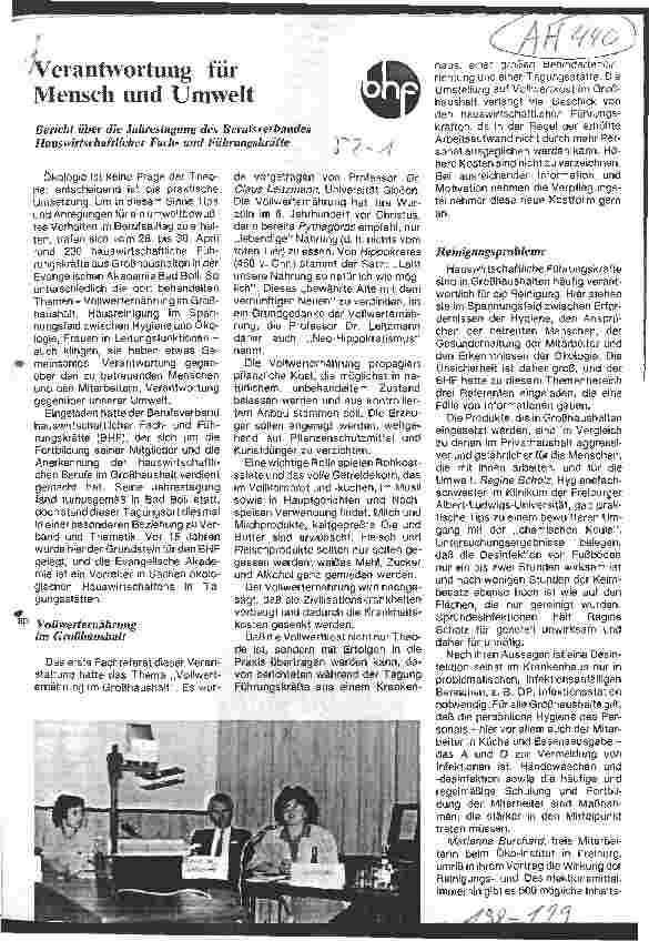 Vorschauseite 1: Verantwortung für Mensch und Umwelt / Bericht über die Jahrestagung des Berufsverbandes Hauswirtschaftlicher Fachu. Führungskräfte