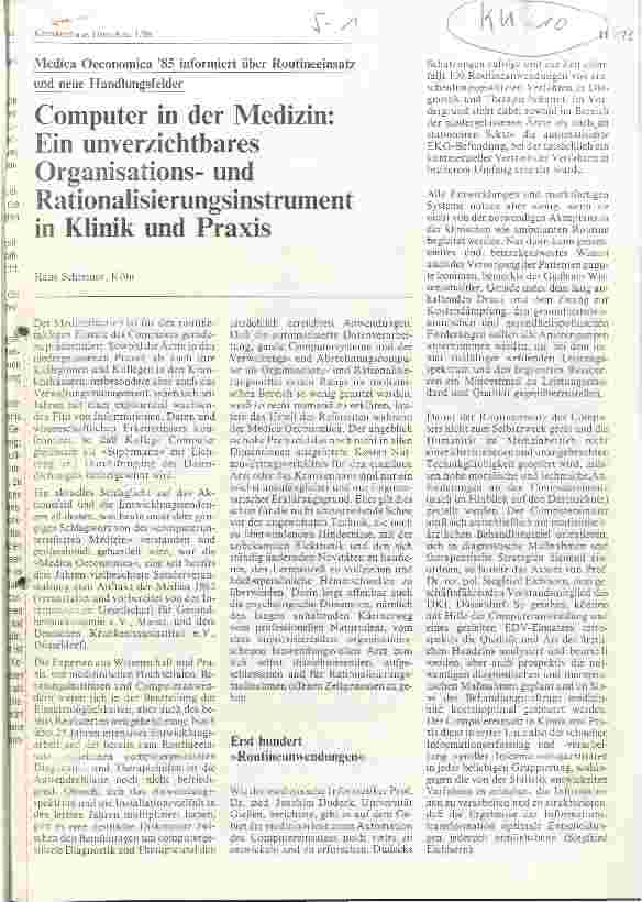 Vorschauseite 1: Computer in der Medizin: Ein unverzichtbares Organisations-und Rationalisierungsinstrument in Klinik und Praxis