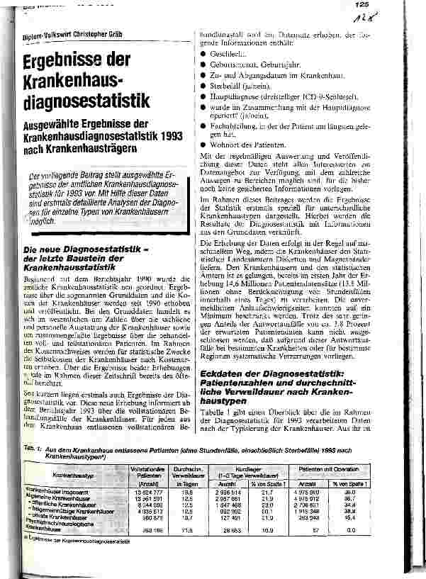 Vorschauseite 1: Ergebnisse der Krankenhausdiagnosestatistik Ausgewählte Ergebnisse der Krankenhausdiganosestatistik 1993 nach Krankenhausträgern