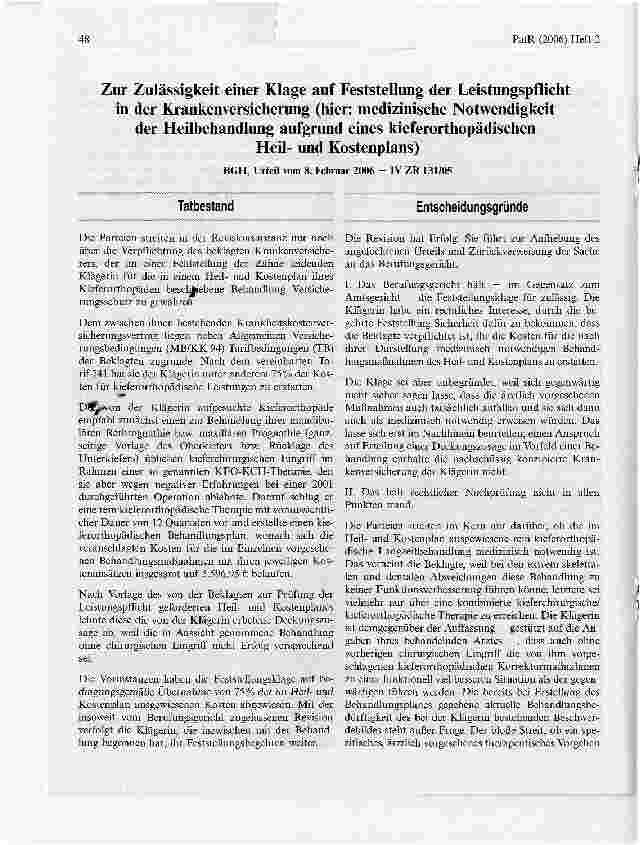 Vorschauseite 1: Zur Zulässigkeit einer Klage auf Feststellung der Leistungspflichtin der Krankenversicherung (hier: medizinische Notwendigkeitder Heilbehandlung aufgrund eines kieferorthopädische…