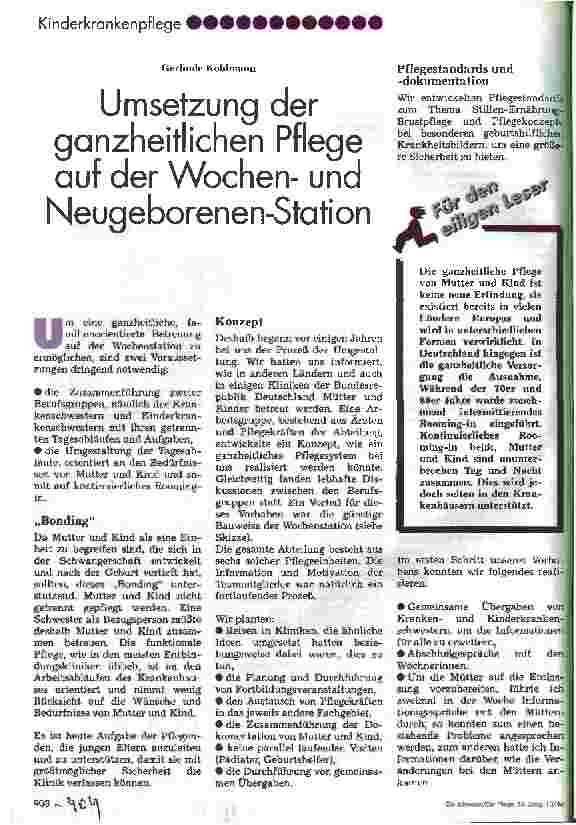 Vorschauseite 1: Umsetzung der ganzheitlichen Pflege auf der Wochenund Neugeborenen-Station