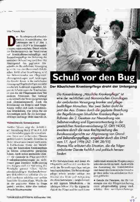 Vorschauseite 1: Schuß vor den Bug Der Häuslichen Krankenpflege droht der Untergang