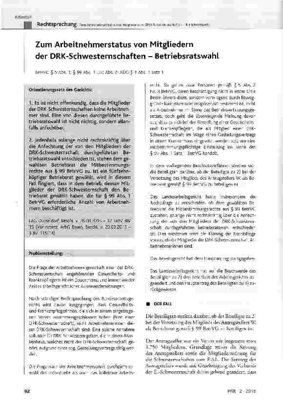 Vorschauseite 1: Zum Arbeitnehmerstatus von Mitgliedern der DRK-Schwesternschaften - BetriebsratswahlBetrVG § 5 Abs. 1, § 99 Abs. 1 und Abs. 2; AÜG § 1 Abs. 1 Satz 1