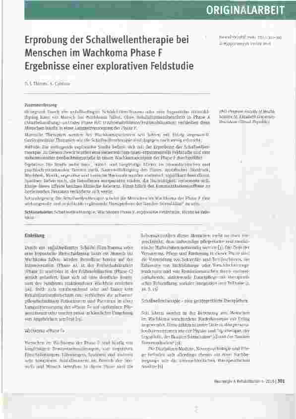 Vorschauseite 1: Erprobung der Schallwellentherapie bei Menschen im Wachkoma Phase F Ergebnisse einer explorativen Feldstudie