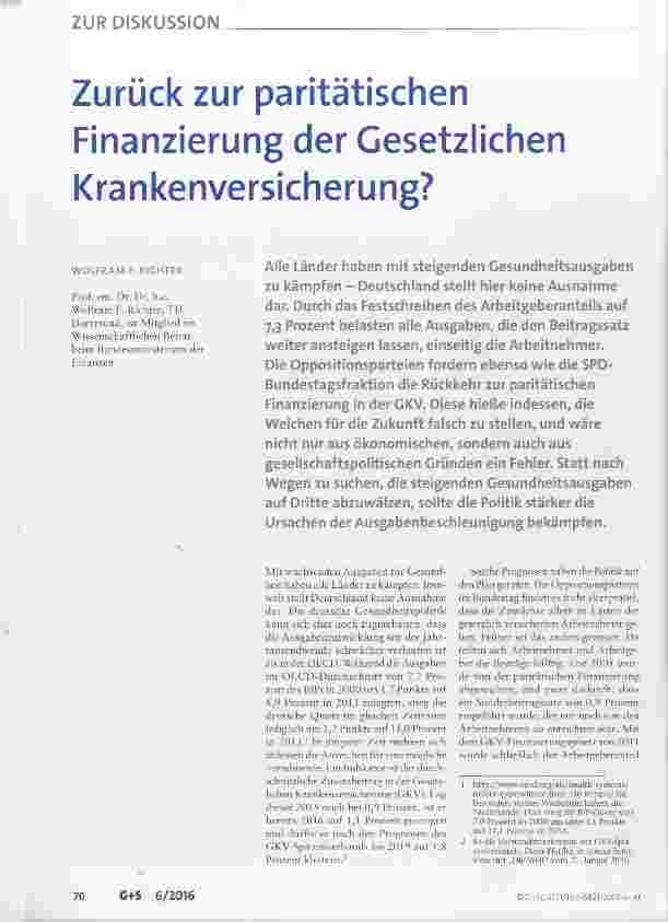 Vorschauseite 1: Zurück zur paritätischen Finanzierung der Gesetzlichen Krankenversicherung?