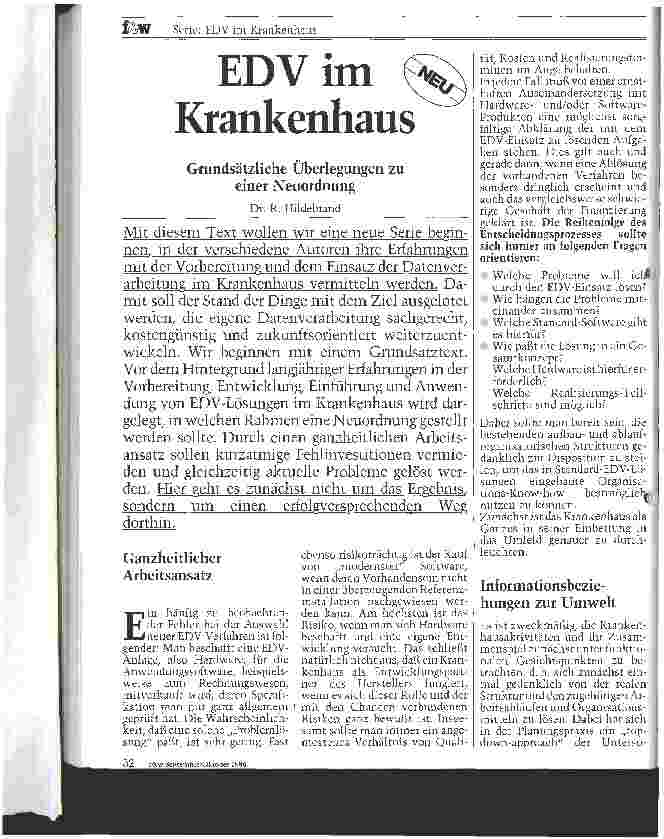 Vorschauseite 1: EDV im Krankenhaus Grundsätzliche Überlegungen zu einer Neuordnung