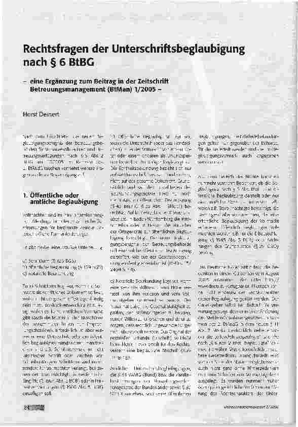Vorschauseite 1: Rechtsfragen der Unterschriftsbeglaubigung nach § 6 BtBG