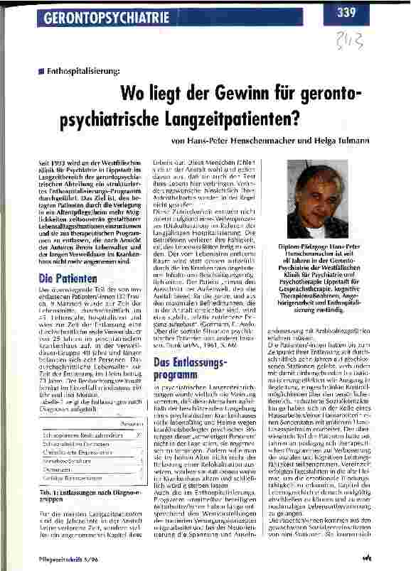 Vorschauseite 1: Wo liegt der Gewinn für gerontopsychiatrische Langzeitpatienten? Enthospitalisierung