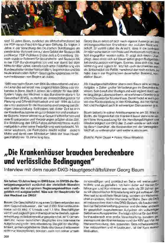 Vorschauseite 6: Stabwechsel in der Hauptgeschäftsführung vollzogenMinisterin Ulla Schmidt kündigt Finanzund Strukturreform der GKV an