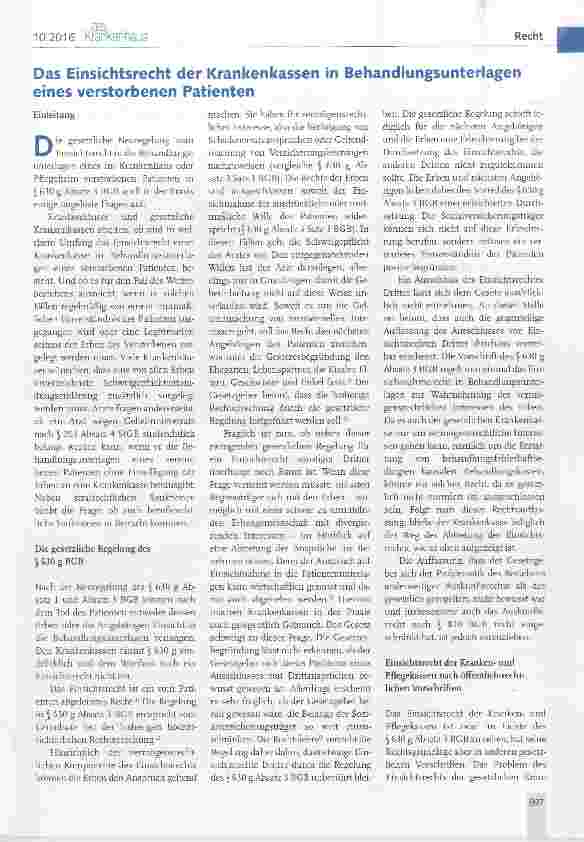 Vorschauseite 1: Das Einsichtsrecht der Krankenkassen in Behandlungsunterlagen eines verstorbenen Patienten