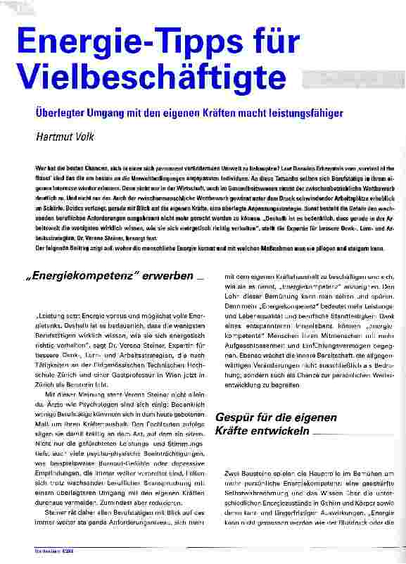 Vorschauseite 1: Energie-Tipps für Vielbeschäftigte Überlegter Umgang mit den eigenen Kräften macht leistungsfähiger
