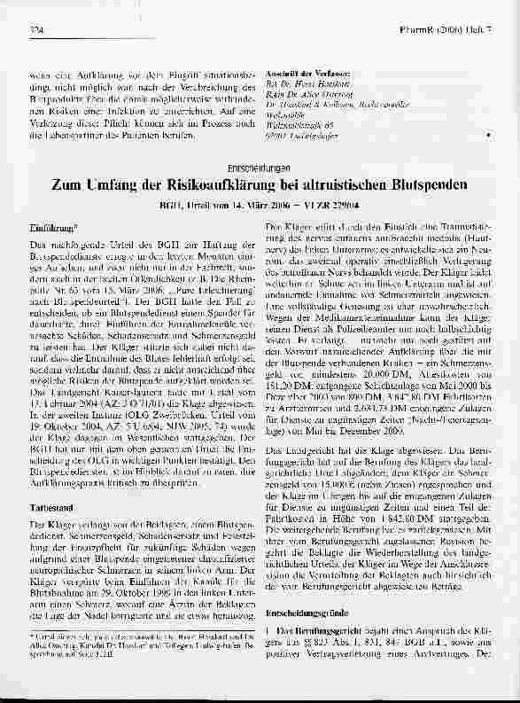 Vorschauseite 1: Zum Umfang der Risikoaufklärung bei altruistischen Blutspenden