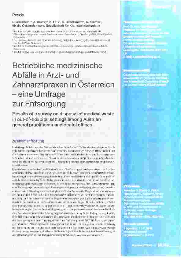Vorschauseite 1: Betriebliche medizinische Abfälle in Arztund Zahnarztpraxen in Österreich eine Umfrage zur Entsorgung