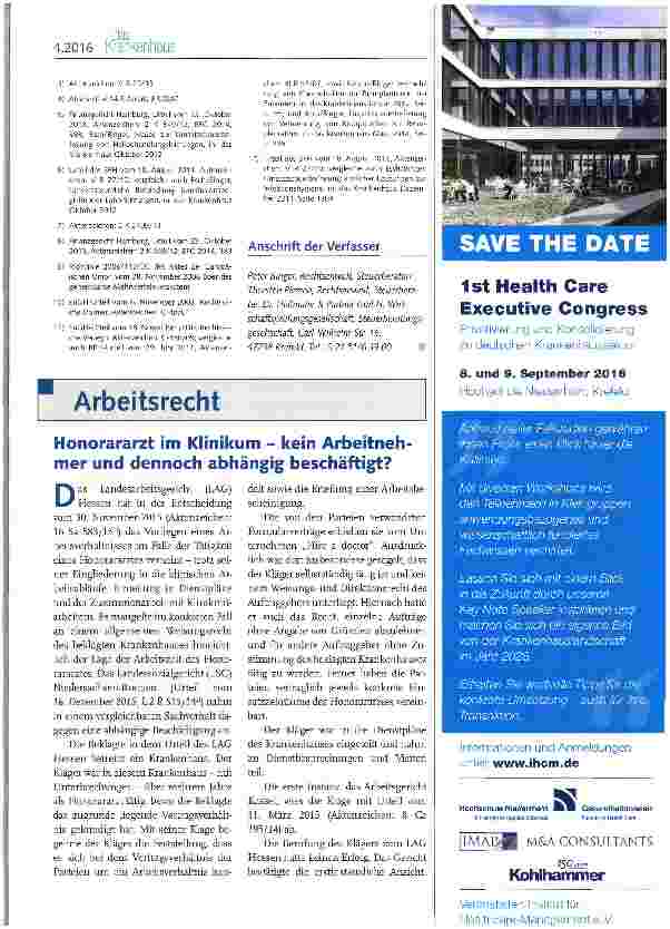 Vorschauseite 1: Honorararzt im Klinikum kein Arbeitnehmer und dennoch abhängig beschäftigt?