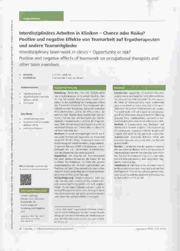 Vorschauseite 1: Interdisziplinäres Arbeiten in Kliniken - Chance oder Risiko? Positive und negative Effekte von Teamarbeit auf Ergotherapeuten und andere Teammitglieder
