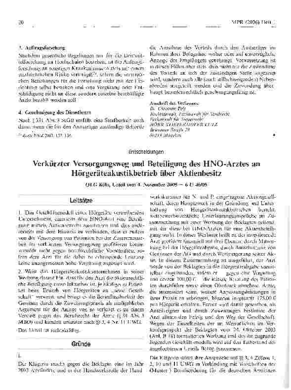 Vorschauseite 1: Verkürzter Versorgungsweg und Beteiligung des HNO-Arztes an Hörgeräteakustikbetrieb über Aktienbesitz