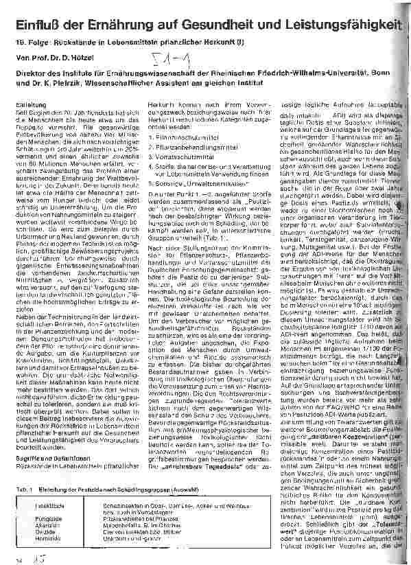 Vorschauseite 1: Einfluß der Ernährung auf Gesundheit und Leistungsfähigkeit 19. Folge: Rückstände in Lebensmitteln pflanzlicher Herkunft (I)
